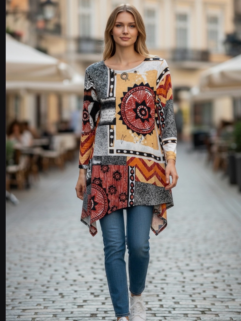 Mishca Abstract Print Blouse Women's Size L Boho Long Sleeve Tunic Beach Summer
